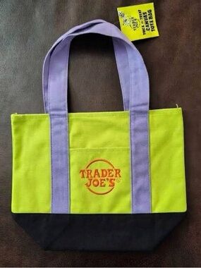 Trader Joe's Lime Green Tote with Lavender Handles